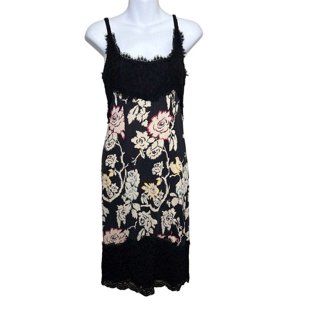 Diane von Furstenberg Olivette Silk Slip Dress Blk Floral Bird Lace Trim Size 4